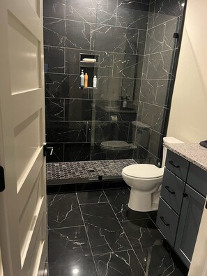 Shower, towels, toilet paper