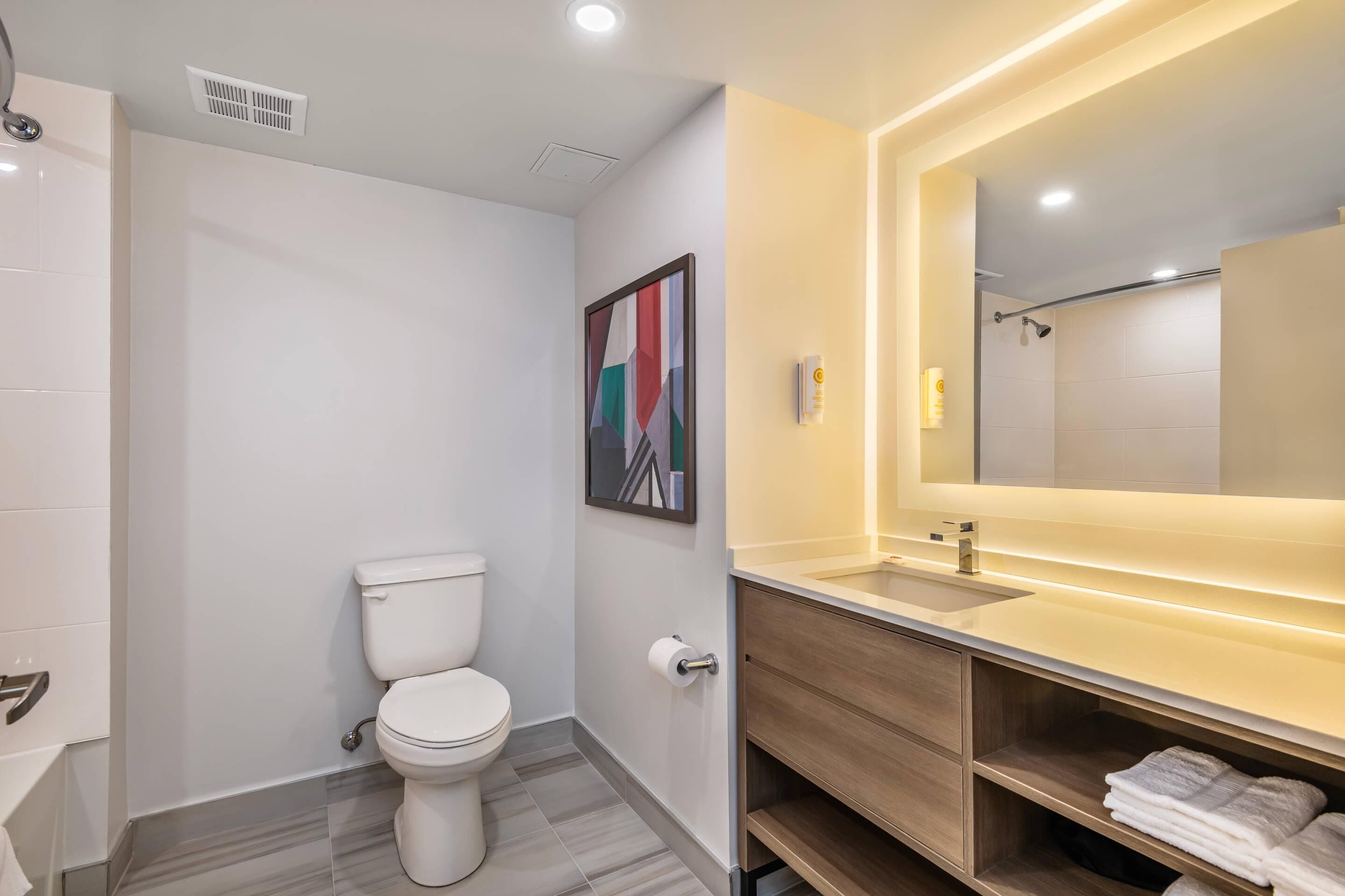 A modern bathroom with a toilet, sink, and mirror.