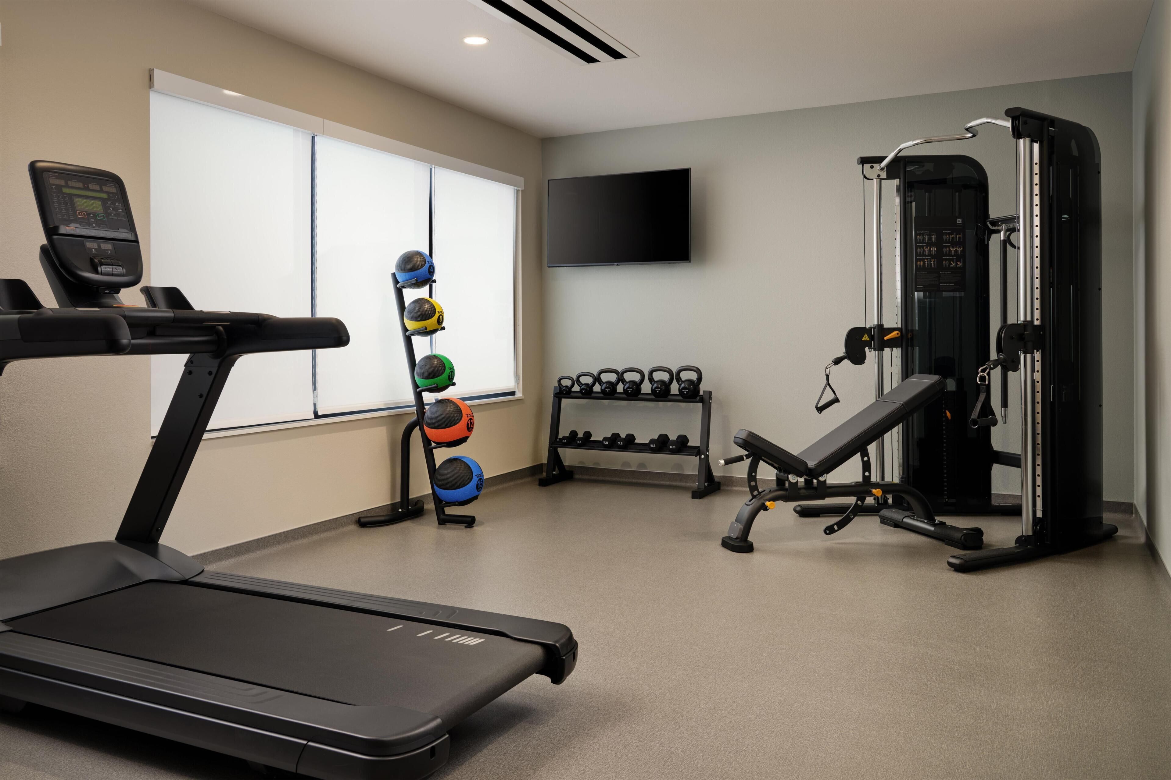 A gym with a treadmill, weight plates, dumbbells, and a TV.