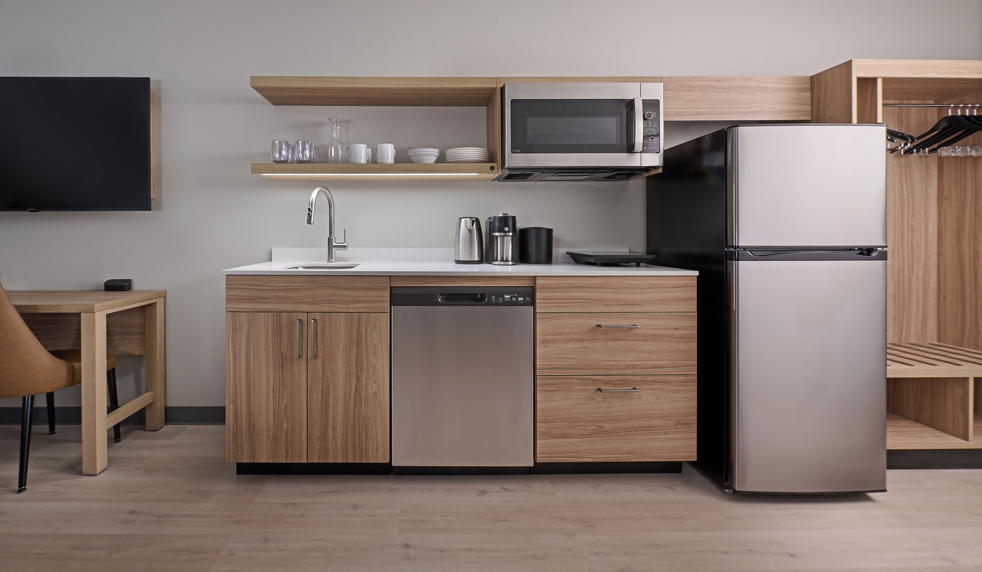 Hypo-allergenic bedding, desk, laptop workspace, blackout curtains