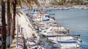 A marina with boats docked along a waterfront promenade, palm trees, and buildings in the background. - Portixol Hotel & Restaurant (Palma de Mallorca)