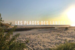 Escena de playa con el texto "LES PLAGES DES LANDES".