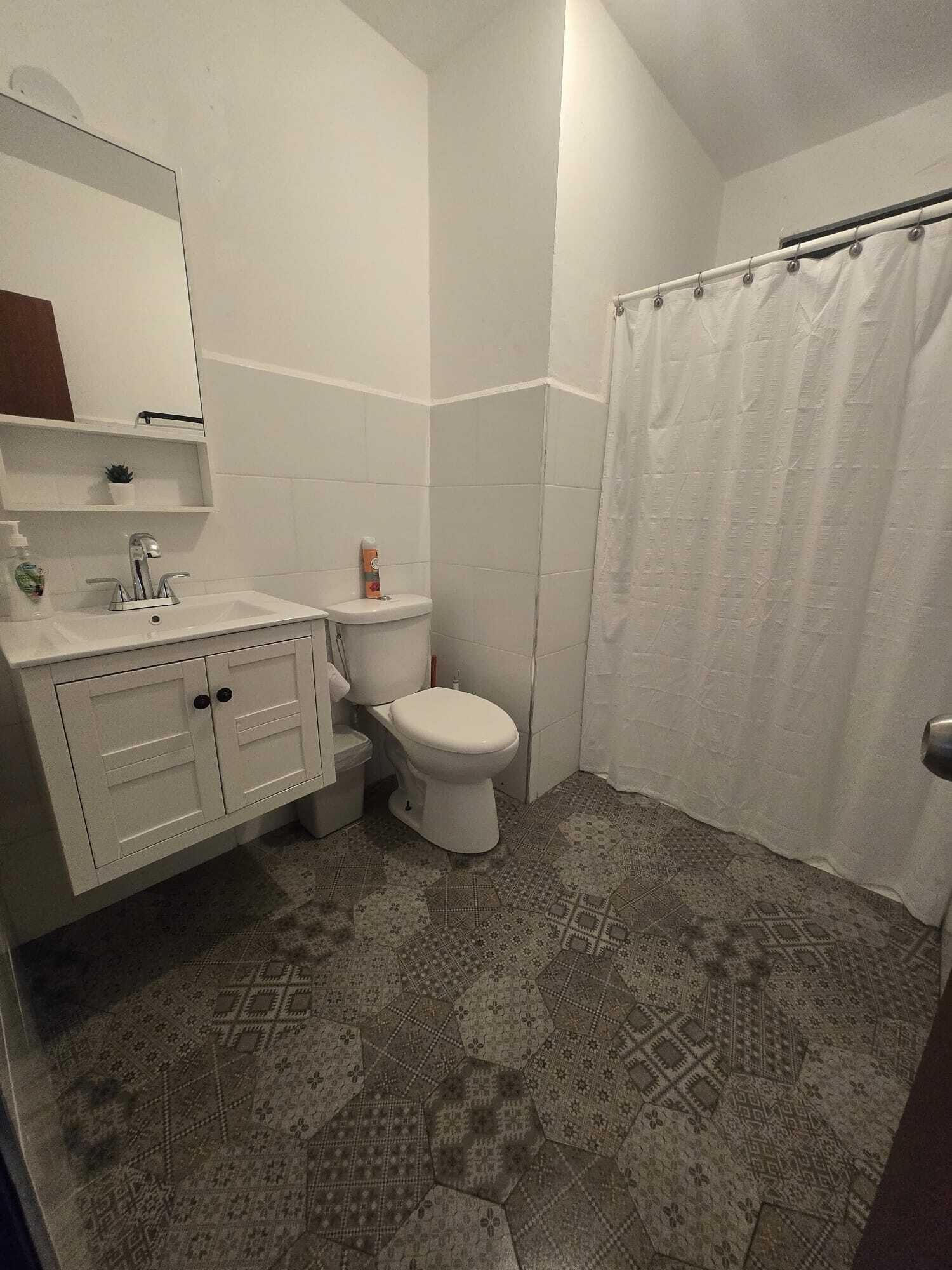Hair dryer, towels, soap, toilet paper