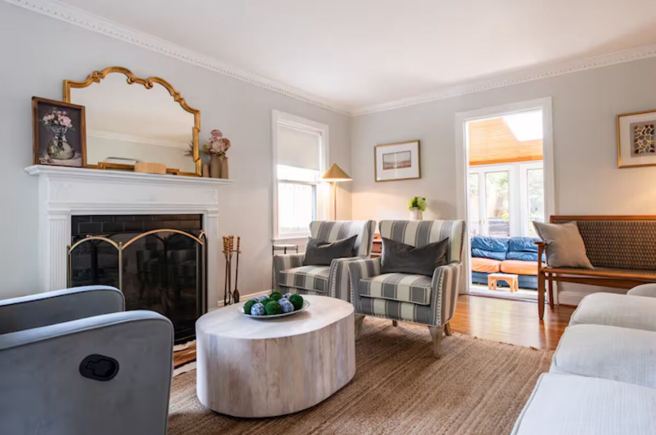 Smart TV, fireplace, books