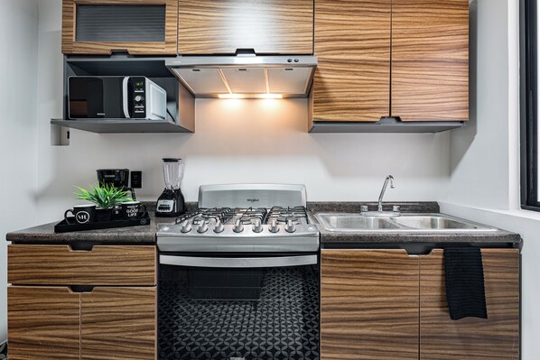 Microwave, oven, coffee/tea maker, toaster