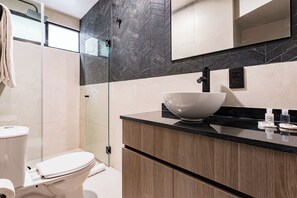 Hair dryer, towels, soap, shampoo