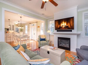 TV, fireplace, books