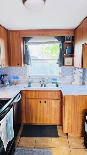 Een microgolfoven, een oven, een kookplaat, een vaatwasser