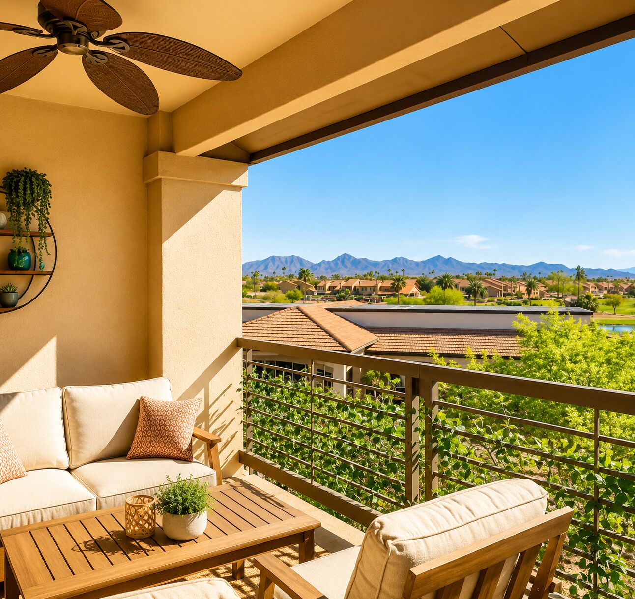 Een balkon met een bank, een tafel en een plafondventilator.