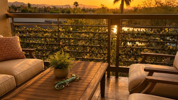 Ein Balkon mit Holztisch, zwei Sofas und einem Blumentopf.