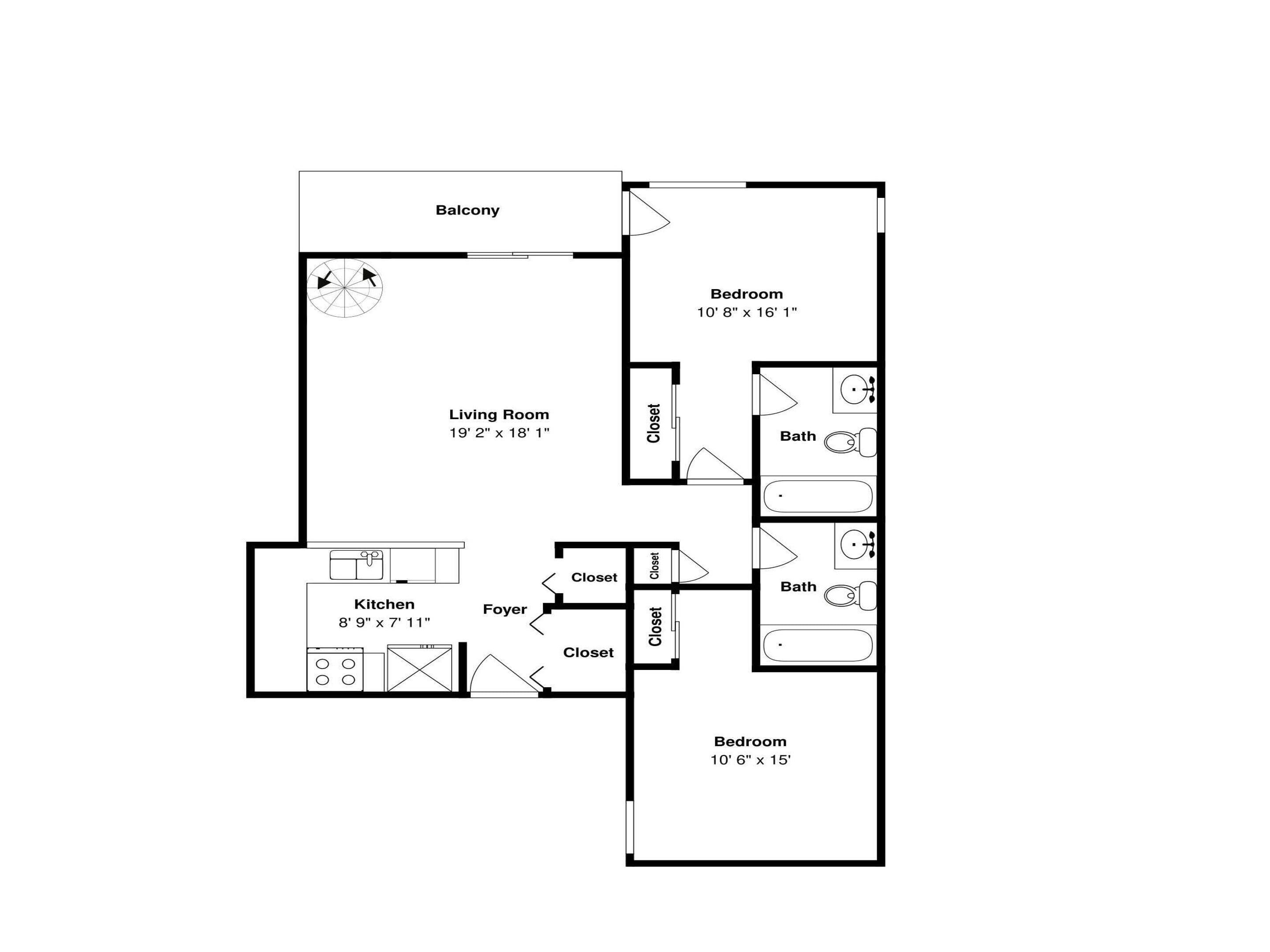 Un plano de planta que muestra un balcón, sala de estar, cocina, dos dormitorios y dos baños.