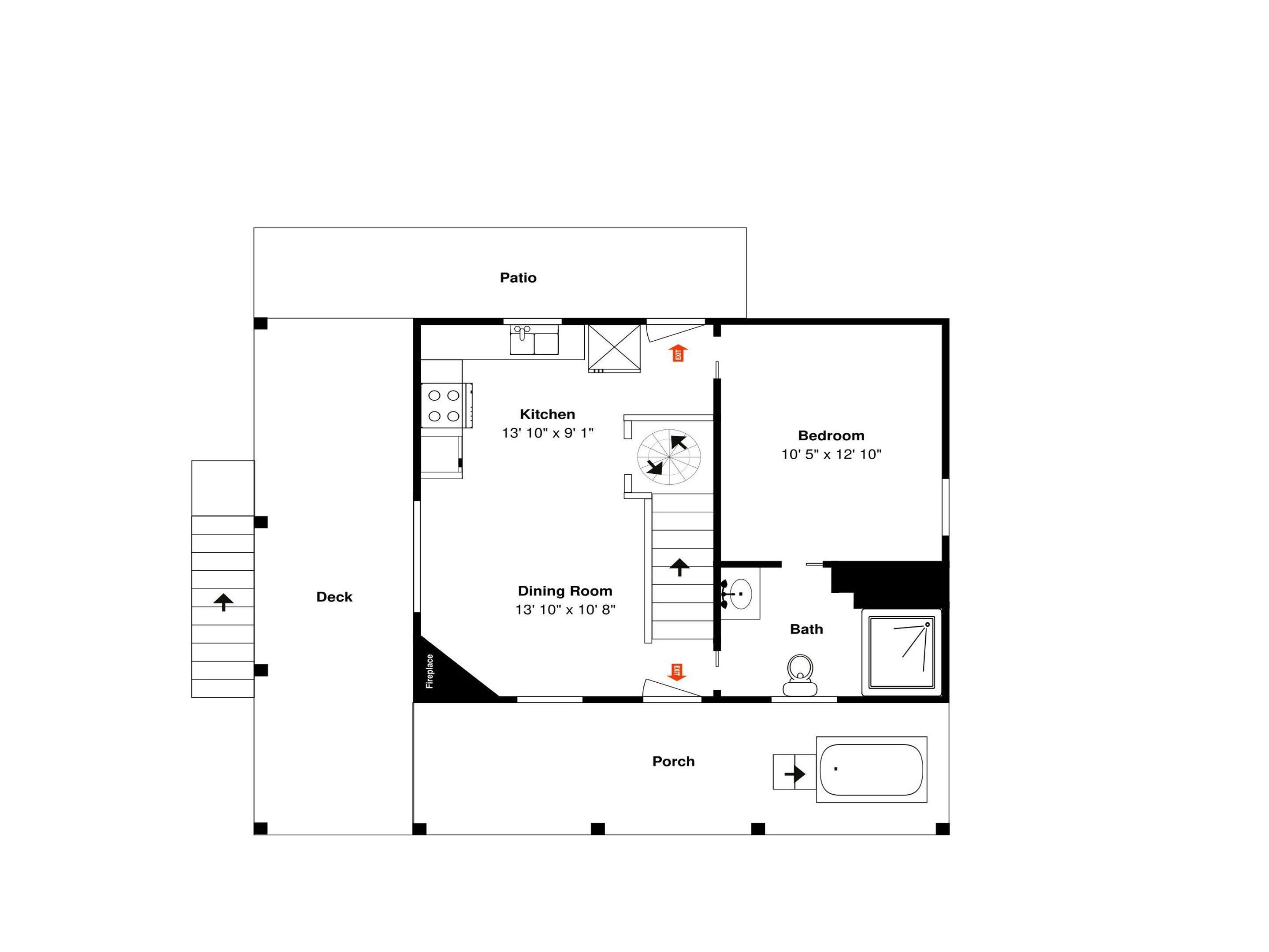 Plano de planta de una casa con patio, cocina, comedor, dormitorio, baño, terraza y porche.