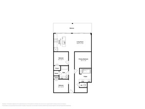 A floor plan with a balcony, kitchen, living room, two bedrooms, two bathrooms, and a closet.