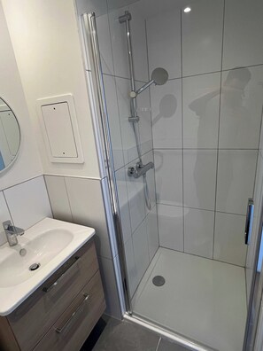 A modern bathroom with a glass shower enclosure, a sink, and a mirror.