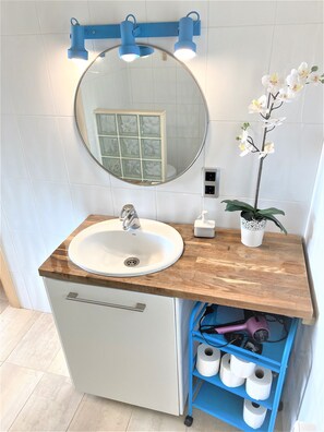 Shower, hair dryer, bidet, towels