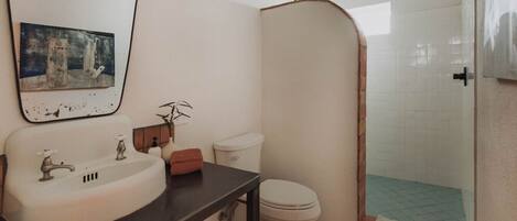 A bathroom with a sink, toilet, and shower area.
