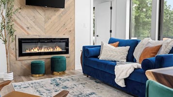 Smart TV, fireplace, books, stereo