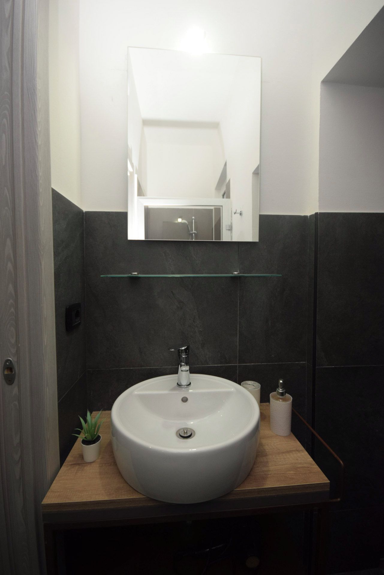 A bathroom with a round sink, a mirror above it, and a small potted plant on the counter.