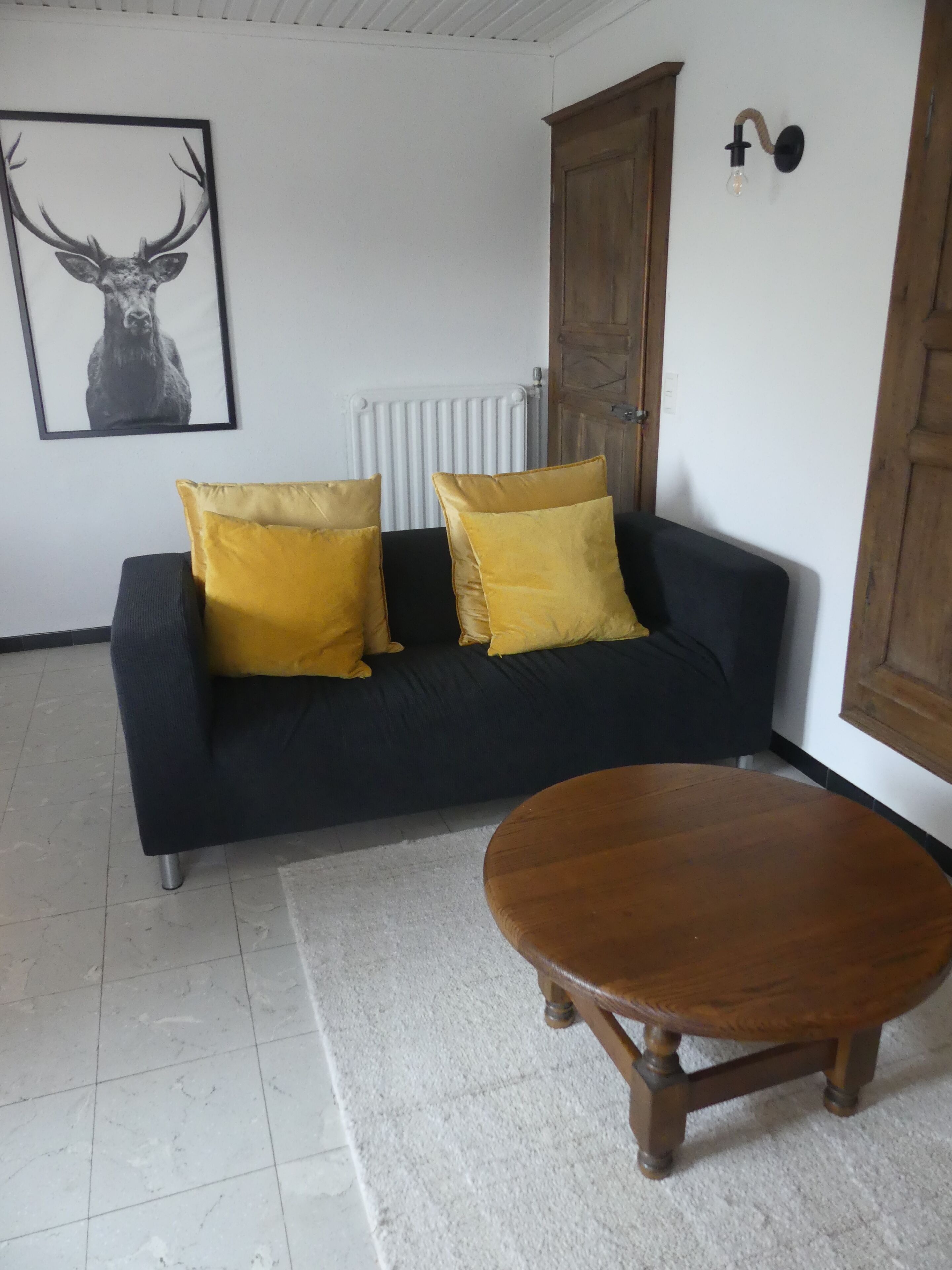 Un salon avec un canapé noir, deux coussins de couleur jaune moutarde, une table basse en bois, un radiateur et une porte en bois.