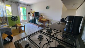 Un espace de vie compact comprenant une kitchenette, un coin repas et un salon.
