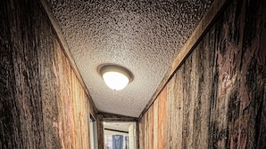 A narrow hallway with wooden walls and a metal railing, leading to a room with a deer decoration and a window. - 3-bedroom cabin located in Steuben County home of 101 lakes! (Angola)