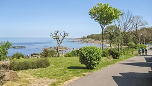 Un parco costiero con un sentiero lastricato, zone verdi e alberi.