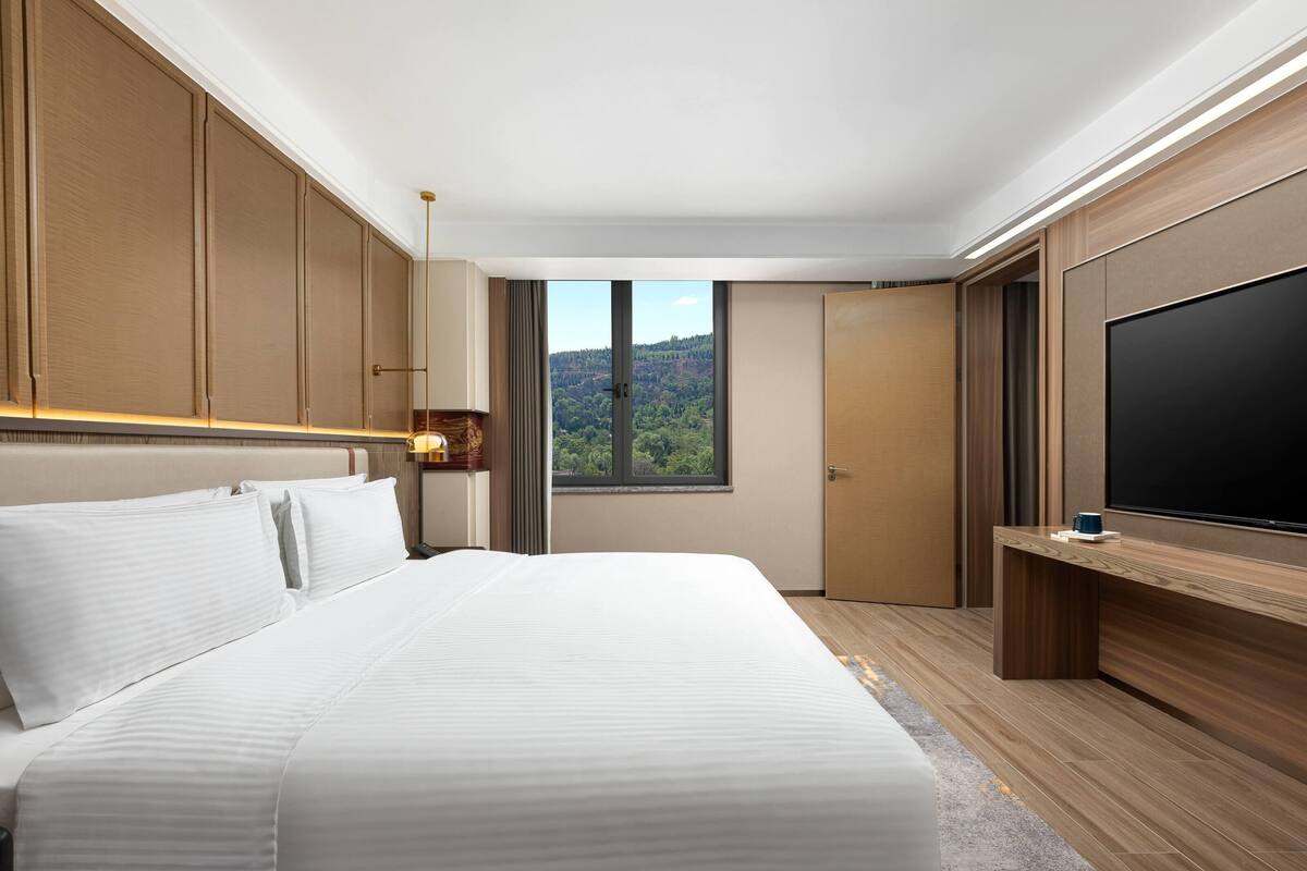 Une chambre d’hôtel moderne dotée d’un grand lit, d’un téléviseur à écran plat et offrant une vue sur l’extérieur.