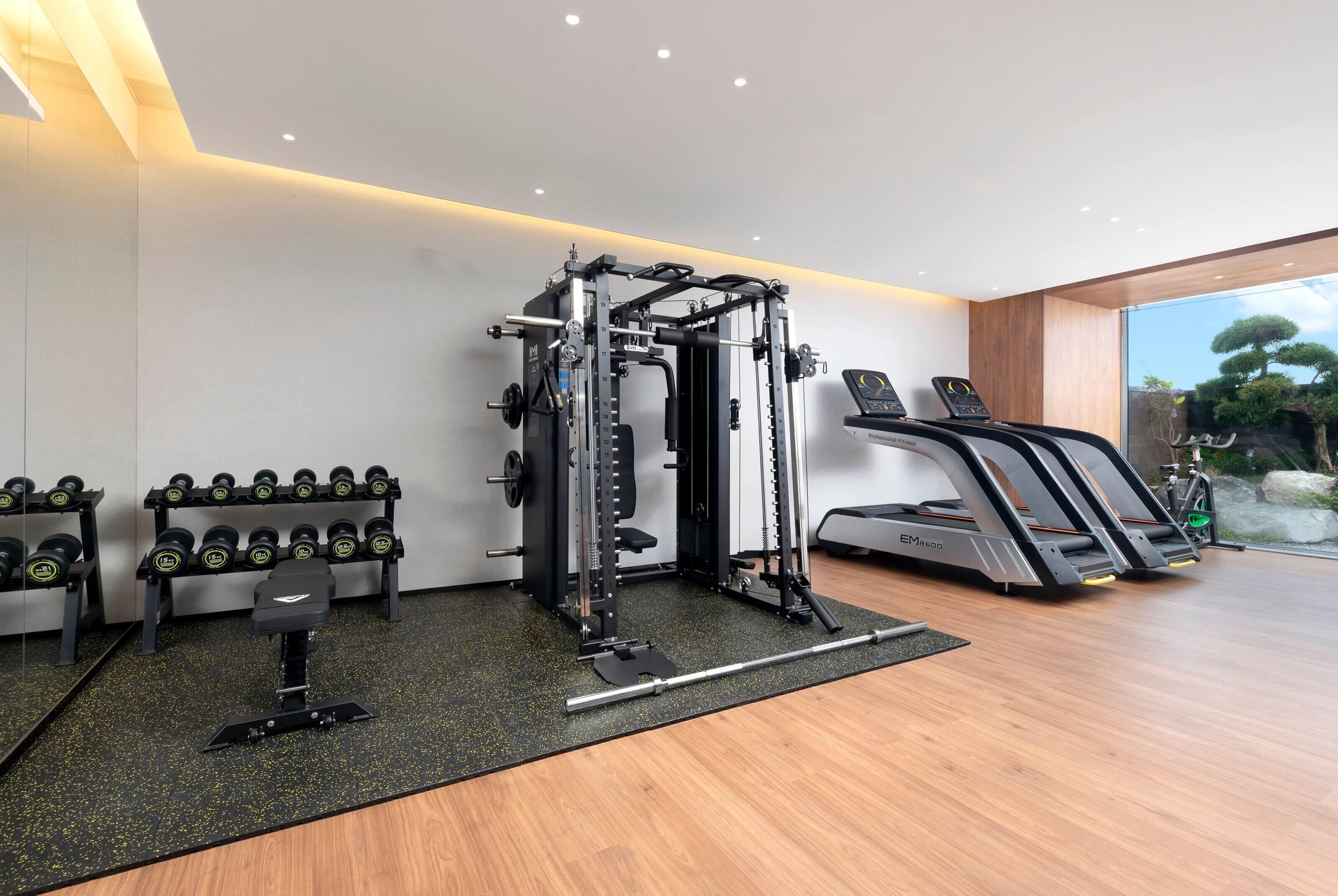 Un gimnasio moderno con cinta de correr, banco de pesas y mancuernas.