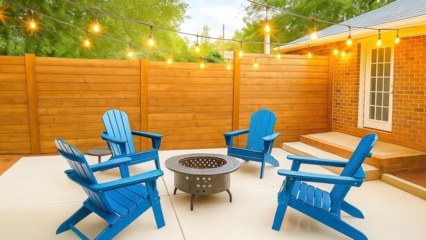 An outdoor patio with four blue Adirondack chairs arranged around a circular fire pit. - Newnan Gem (Newnan)
