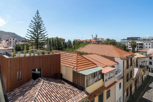 A modern building with a mix of traditional and contemporary architecture, featuring a rooftop garden and a prominent pine tree.
