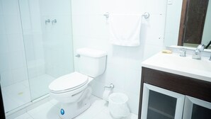A modern bathroom with a glass shower enclosure, a white toilet, and a wooden vanity with a mirror. - Apartment 5B Minaret (Bolívar)