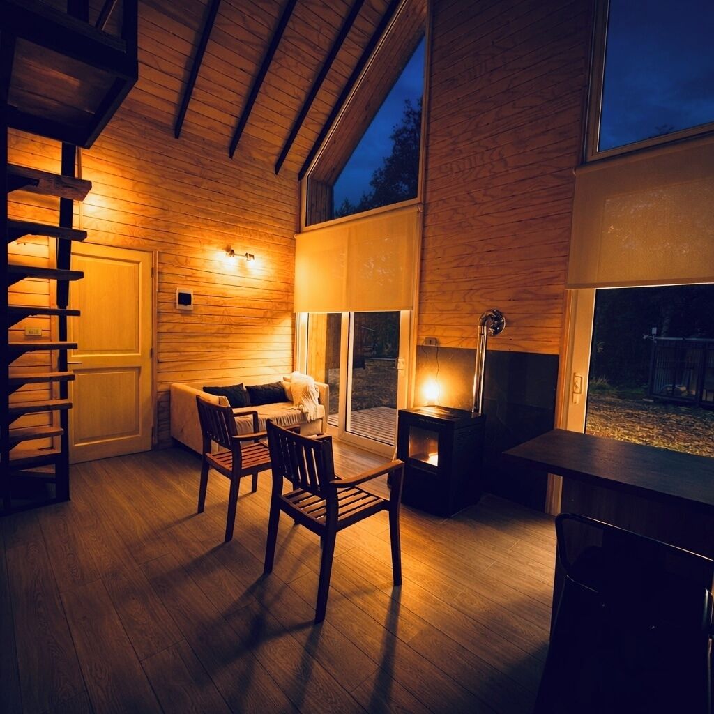 Cabana familiar, 2 dormitoris, cuina bàsica, vistes al pati | Sala d'estar | Llar de foc 