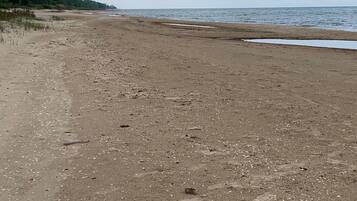 Ein Strand mit weitem Sandstrand und ruhiger See unter einem bewölkten Himmel.