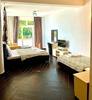 Une chambre avec deux lits, un bureau, une chaise, une télévision et une fenêtre avec des rideaux.