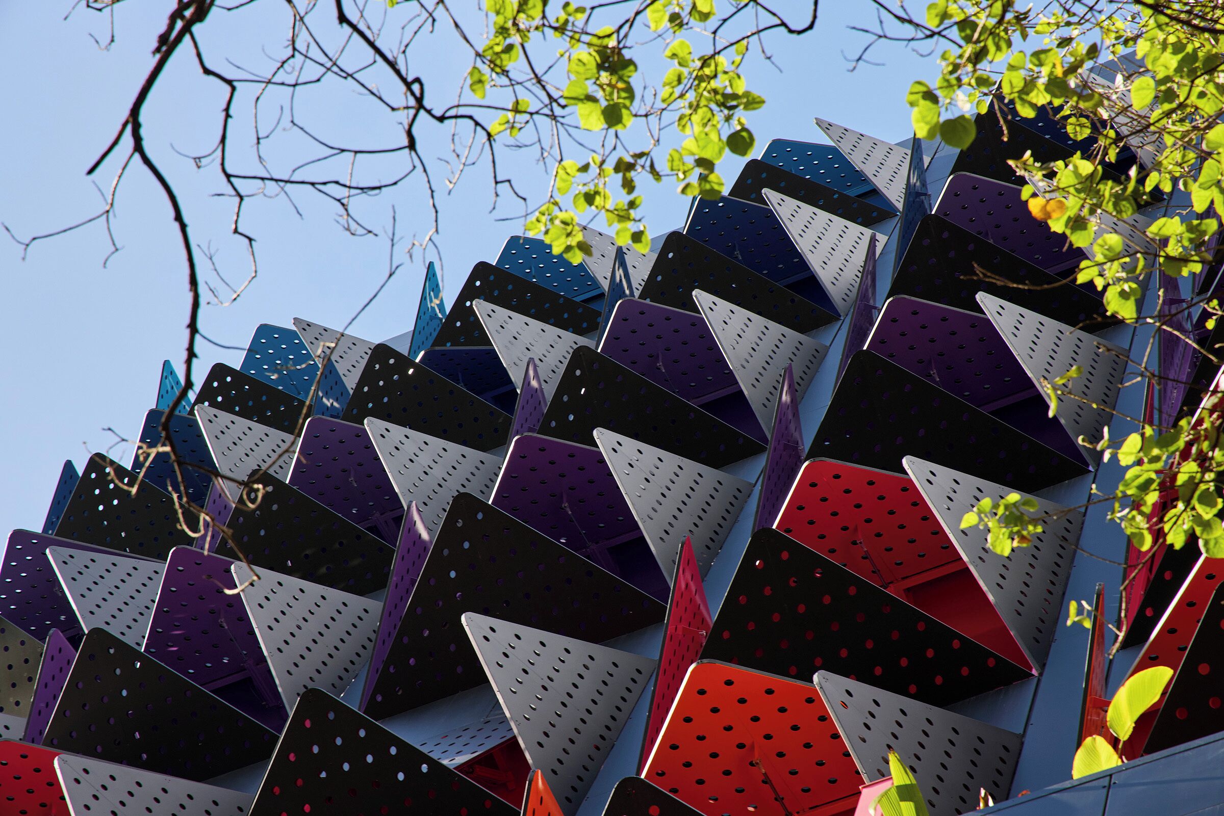 A modern building with a unique geometric facade.
