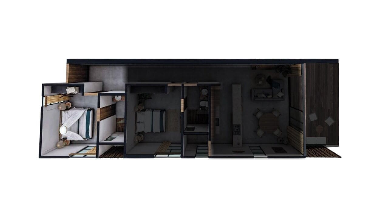Un interior modern amb zona de estar, cuina i menjador.