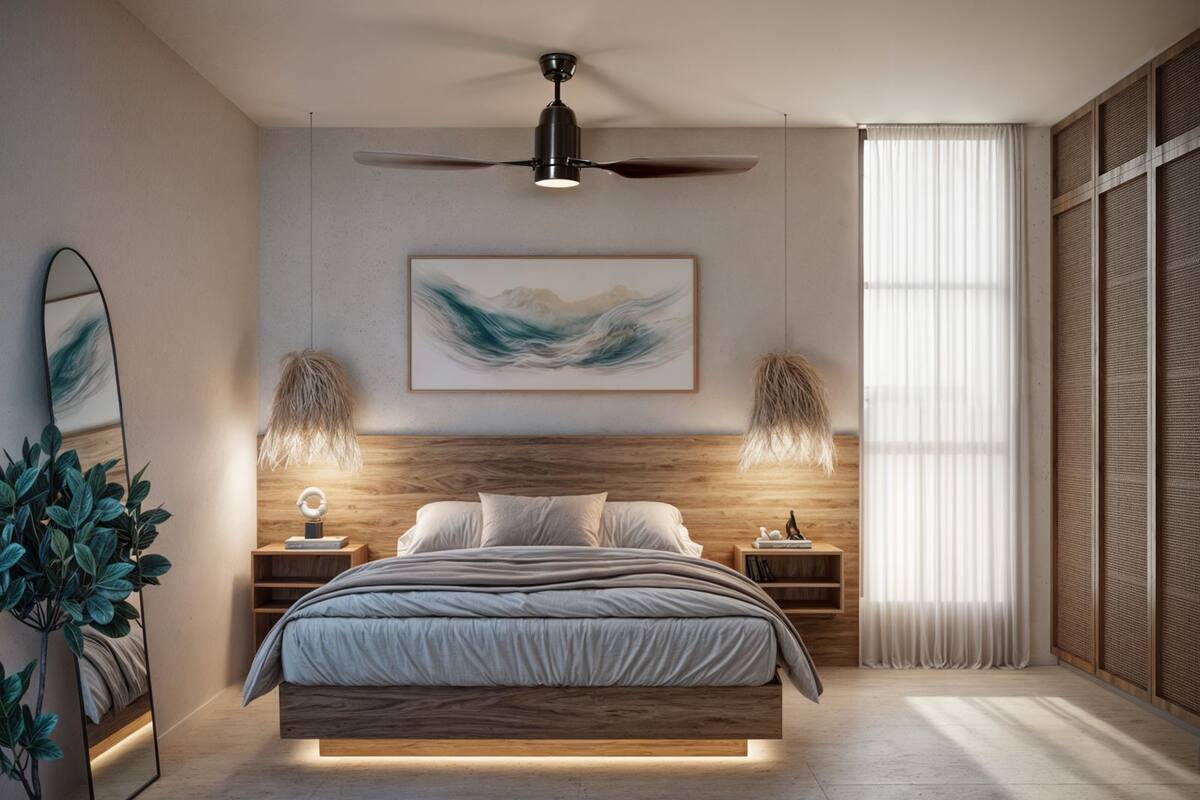 A modern bedroom with a wooden headboard, a ceiling fan, a large abstract painting, two bedside lamps, a mirror, and a potted plant.