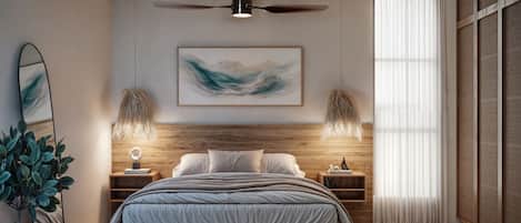 A modern bedroom with a wooden headboard, a ceiling fan, a large abstract painting, two bedside lamps, a mirror, and a potted plant.