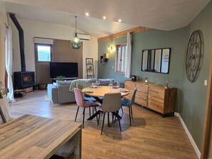Smart TV, fireplace, foosball