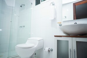Douche, serviettes fournies, savon, papier toilette