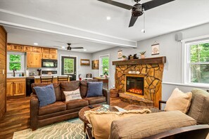 TV connectée, cheminée, lecteur de DVD, livres