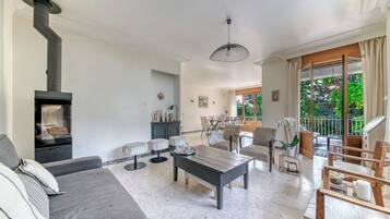 Télévision, cheminée, lecteur de DVD