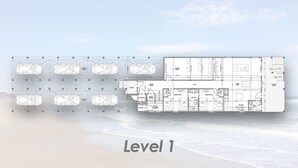 A detailed architectural floor plan of a building with multiple rooms, including bedrooms, bathrooms, and a living area. - 5389- Heavenly Sunrise - Oceanfront Estate for 32 | Pool & Theater (Kill Devil Hills)