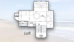 A floor plan of a beachside loft with a wet bar, half bath, and a mid-level landing. - 5389- Heavenly Sunrise - Oceanfront Estate for 32 | Pool & Theater (Kill Devil Hills)