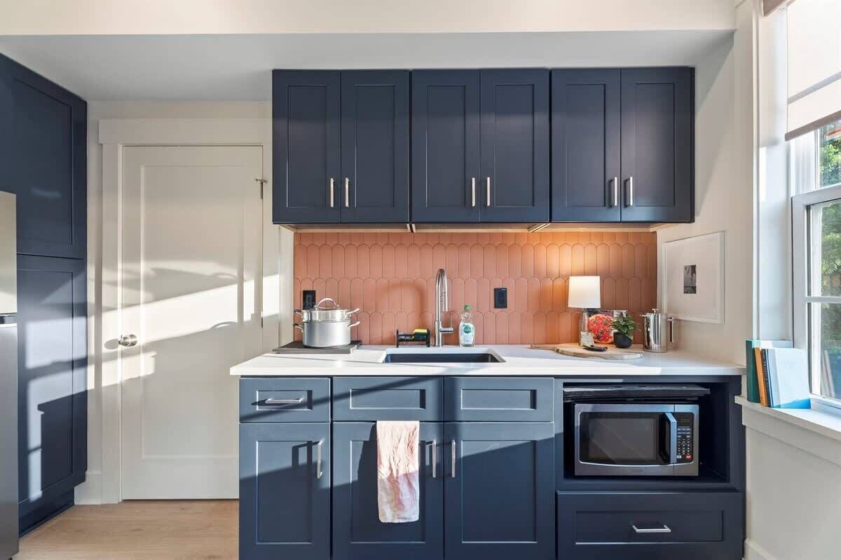 Fridge, microwave, cookware/dishes/utensils