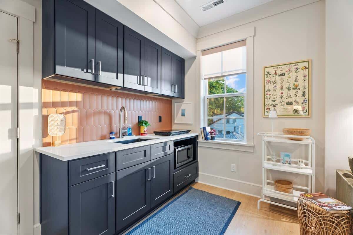 Fridge, microwave, cookware/dishes/utensils