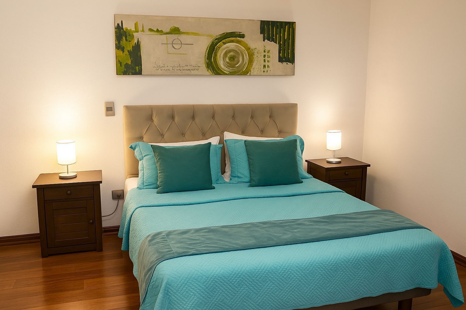 A bedroom with a bed, two bedside tables, a headboard, and a wall-mounted painting.