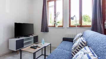 Family Apartment, 1 Double Bed with Sofa bed, Kitchenette, City View | Living area | TV