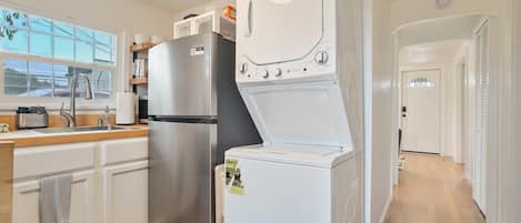 Fridge, microwave, coffee/tea maker, toaster