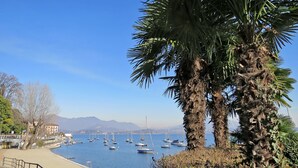 Vista costera con un puerto deportivo, palmeras y un cielo azul despejado.